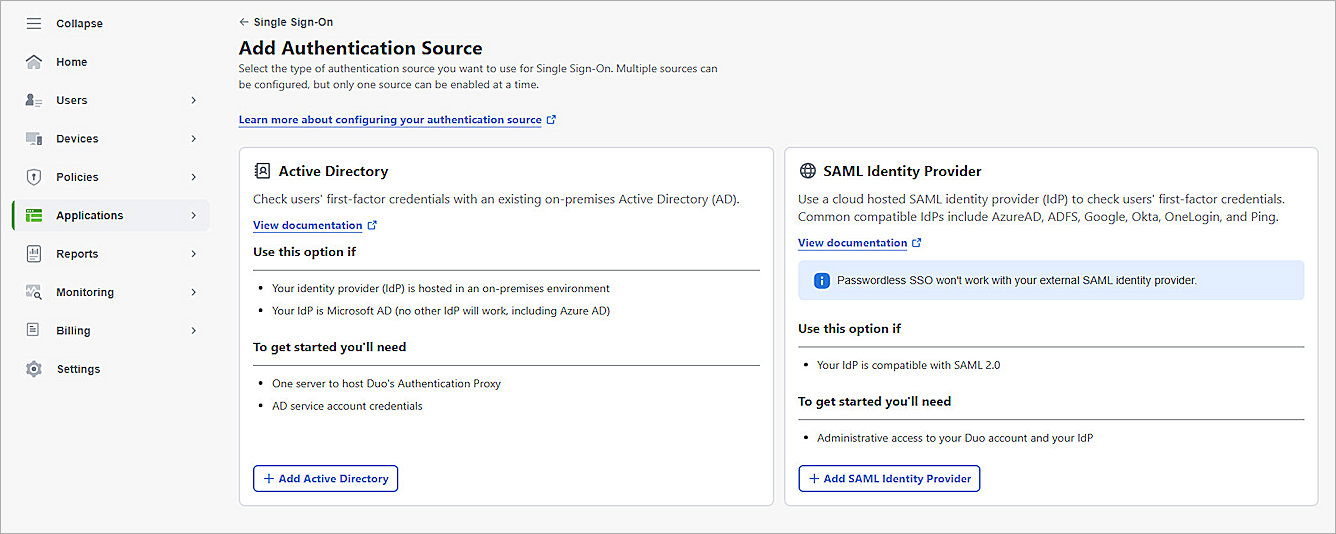 Screenshot of the Add Authentication Source page in Duo.
